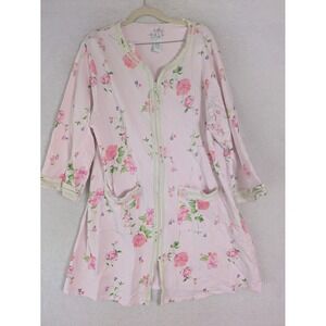 Aria Robe Women's Large Pink‎ Floral Zip Front 3/4 Sleeve Pockets